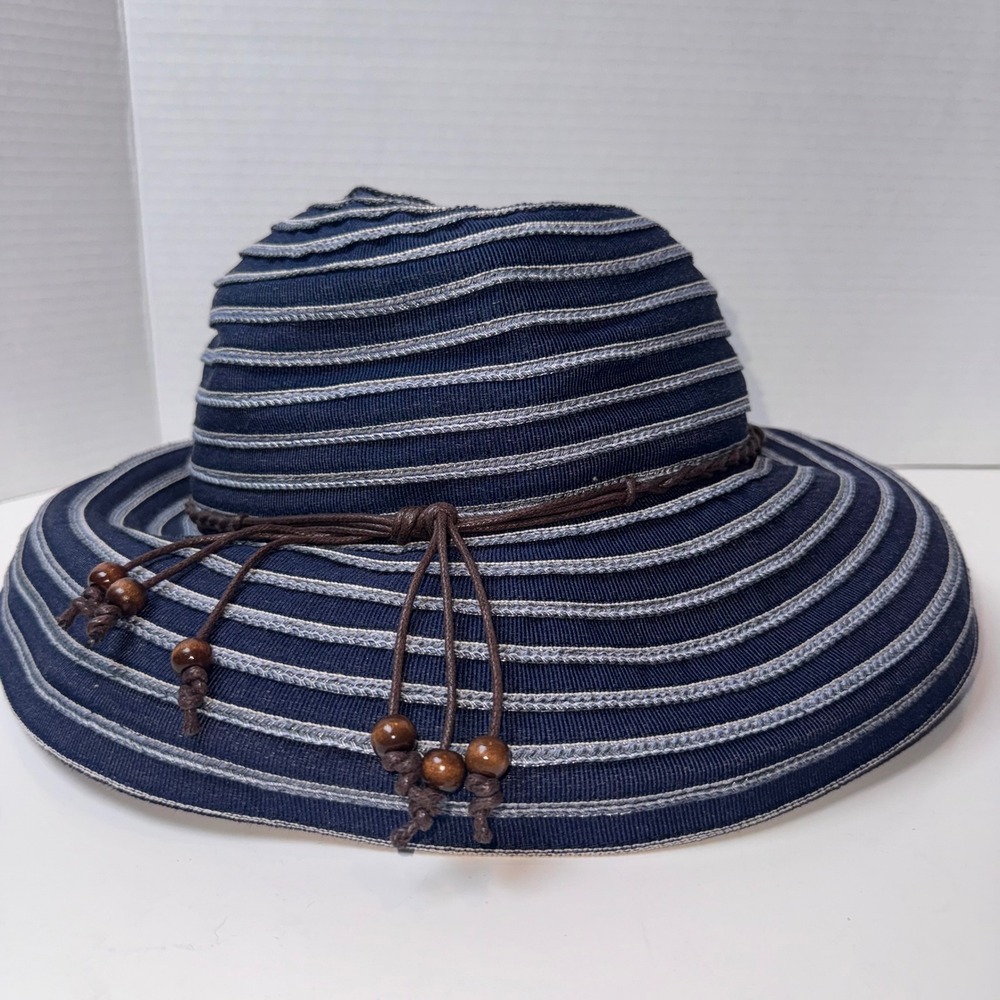 Sunday Afternoons Sun Hat Women L Navy Blue Striped Beaded Wide Brim Ribbon